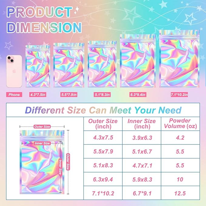 ANZNKU 100 Pack Mylar Bags Reasealable Holographic Bags, Smell Proof Bag Zipper Pouches with Clear Window, Jewelry Candy Sealable Bag for Packaging Sample Party Favor(7.1 x 10.2 Inch)