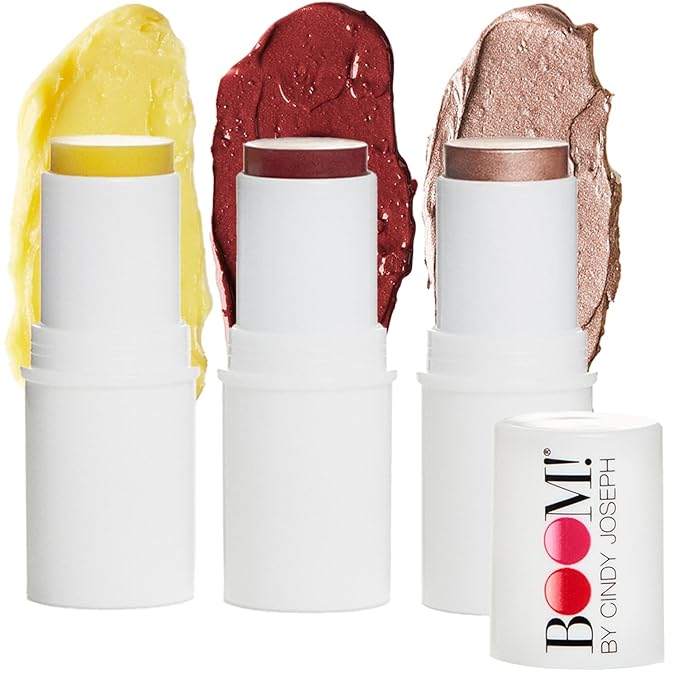 BOOM! by Cindy Joseph Boomstick Trio - 3 Pack Boom Makeup Sticks - Blush Stick in Berry, Highlighter Stick & Moisturizer Stick - Multi-Use Vegan Makeup Sticks for Older Women & Mature Skin