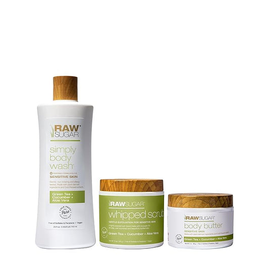 Raw Sugar Green Tea + Cucumber + Aloe Vera Body Love Bundle - Sensitive Skin Body Wash, Body Scrub & Body Butter, Clean Ingredients, Formulated without Sulfates and Parabens