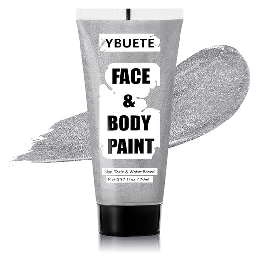 Sliver Water Based Face Body Paint, 2.37 OZ Large Tube Full Coverage Face Paint for Skull Goth Cosplay, Washable Metallic Silver Body Painting Cream for Adult Carnival Halloween SFX Makeup