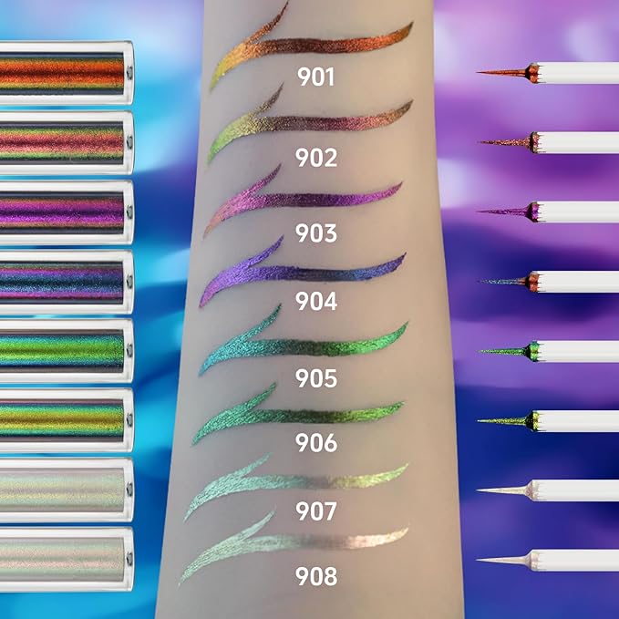 CHARMACY Chameleon Liquid Eyeliner, Intense Color Shifting, Waterproof Eye liner Gold Glitter Eyeliner, High Pigmented, Smudge Proof Formula,Ultra-Fine Tip,PALE YELLOW GOLD 907