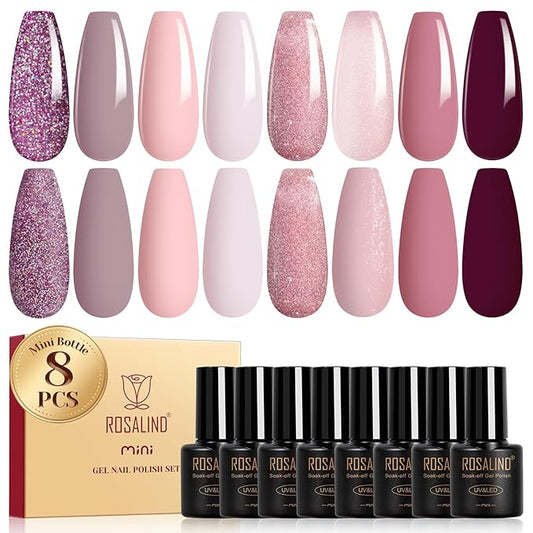 ROSALIND Pink Purple Gel Nail Polish Set, 8 Colors Pink Glitter Gray Gel Polish, Gentle Pink Elegant Purple Classic Gel Polish Collection Nail Art Gift DIY at Home