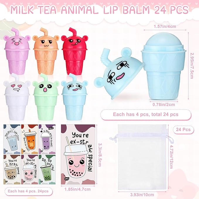 24 Sets Milk Tea Shaped Cute Lip Balm Fruit Flavored Lip Balm with Milk Tea Theme Gift Cards Milk Tea Boba Lover Birthday Baby Shower Party Inspirational Gifts Favors for Girls Kids Women