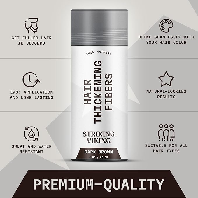 Striking Viking Hair Fibers for Thinning Hair, Dark Brown (28g) - Long Lasting, Undetectable Natural Building Powder for Thicker Looking Results, Men & Women
