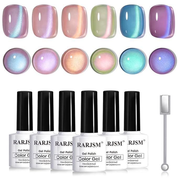 RARJSM Aurora Mermaid Cat Eye Gel Nail Polish Set 6pcs Reflective Pink Purple Green Blue Diamond Ceramic Glitter Glass Cateye Gelpolish with Magnet Stick 7.5ml Curing Requires Soak Off for Home Salon