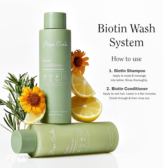 Rizos Curls Biotin Shampoo, Gently Cleanse & Nourish, Rosemary Oil & Oat Protein for Longer and Stronger Hair, Hair is Fuller, Softer & Shinier, 2.5 oz