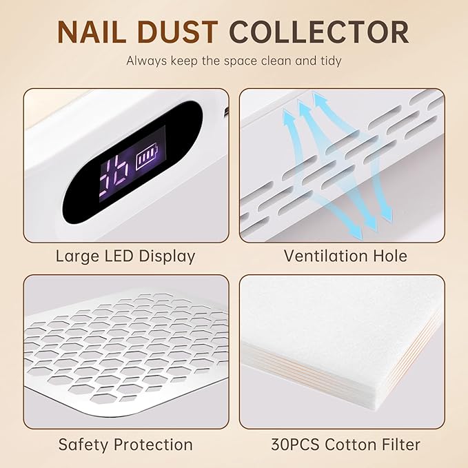 Nail Dust Collector, Rechargeable Dust Collector Nail Tech, Powerful Vacuum Fan Vent Dust Collector Extractor Dust Suction Machine for Acrylic Nails Polishing, Nail Salon&Home