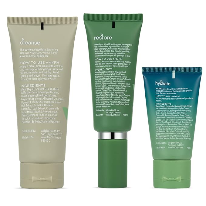 BioClarity 3-Step Essentials Skin Routine for Normal & Oily Skin Types | Cleanse, Restore and Moisturize | Gentle Clean and Hydrate Face | 100% Clean, Vegan Ingredients (Mini Size)