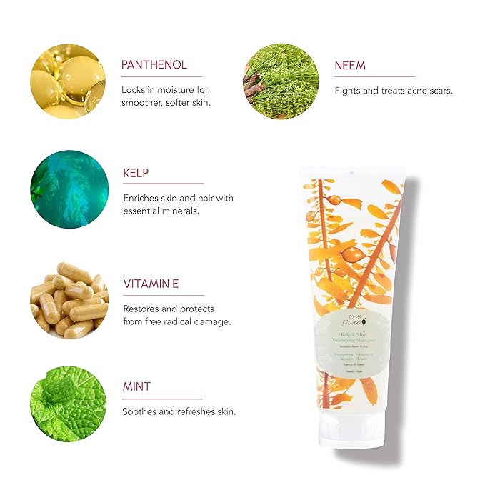 100% PURE Kelp & Mint Volumizing Shampoo Purifying Hydration & Deep Detox - Botanical Body Boost for Dry, Damaged Thinning Hair, Promotes Healthy Growth for Women & Men - Sulfate Free - 8 Fl Oz