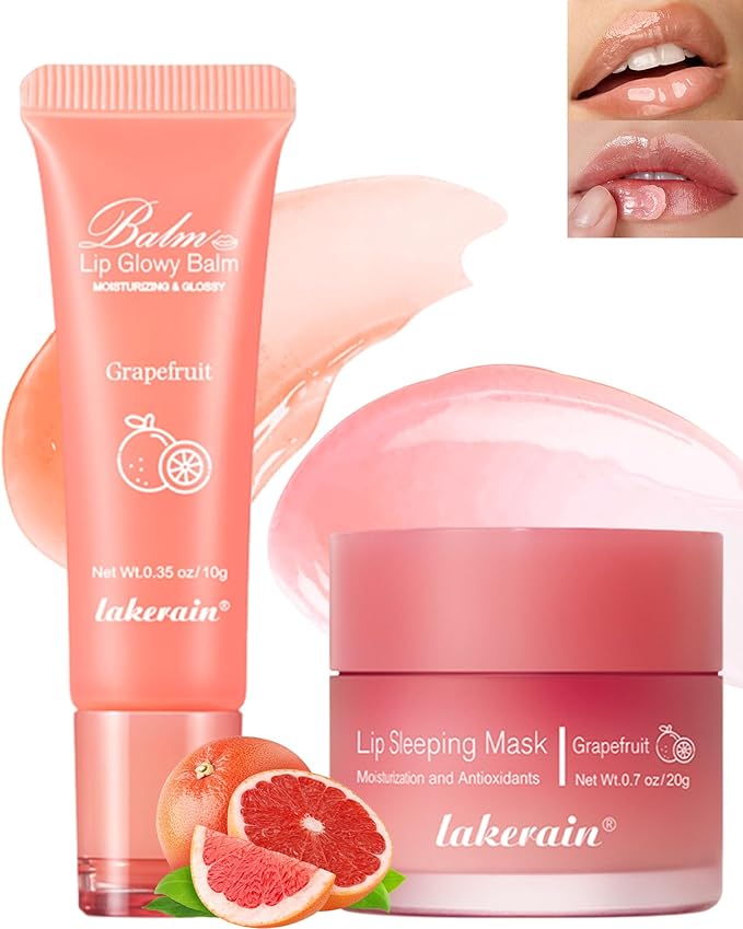 2Pcs Lip Glowy Balm & Lip Sleeping Mask Set,Hydrating Nourishing Repair Sleeping Lip Mask,Glossy Tinted Lip Balm,Day & Night Smooth Cracked Chapped Lip,Lip Care Therapy Treatment for Women-Grapefruit