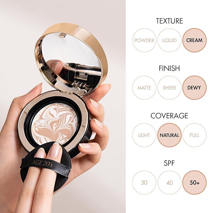 AGE20'S Signature Essence Pact SPF 50+ | Pack of 1 | 21N VANILLA | Cream Foundation, Dewy Finish, Natural Coverage | Korean Cushion Foundation