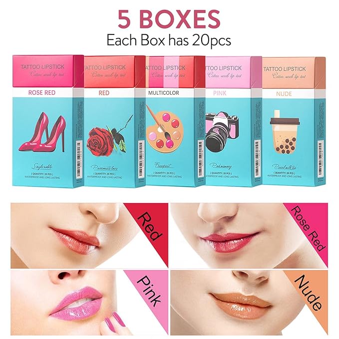 FLIPNEX 20Pcs Cotton Swab Tattoo Lipstick, Tattoo Lipstick Cotton Swab Lip Tint, Waterproof and Long Lasting Liquid Non-Stick Portable Lip Gloss (Nude)