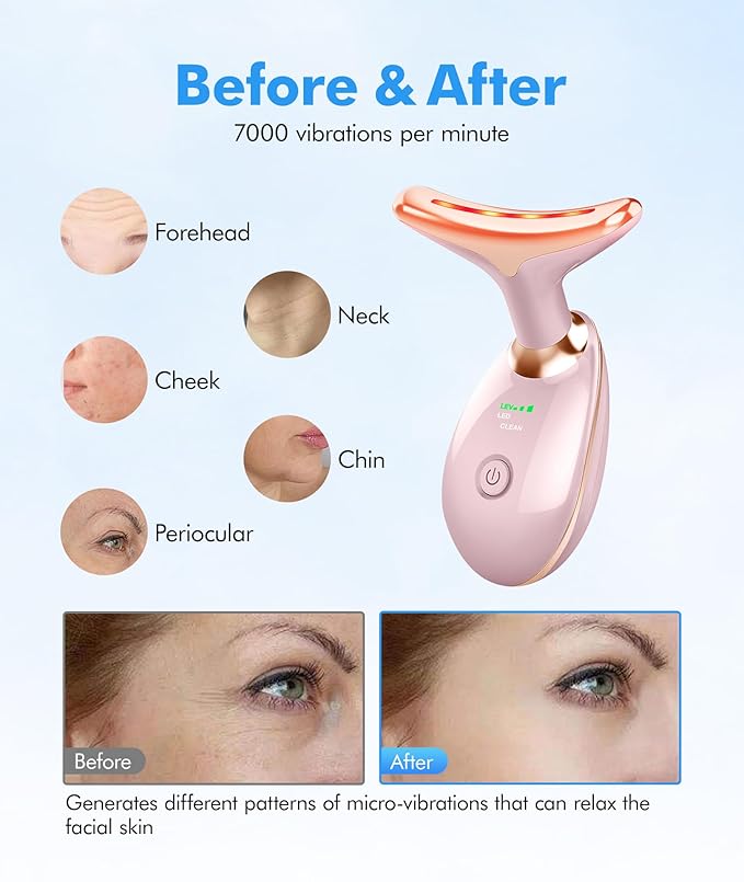 Red-Light-Therapy-for-Face-and-Neck, 7 Color Face Massager Tool for Wrinkles, Double Chin, Vibrating Facial Massager with Thermals for Skin Care, Glossy Pink