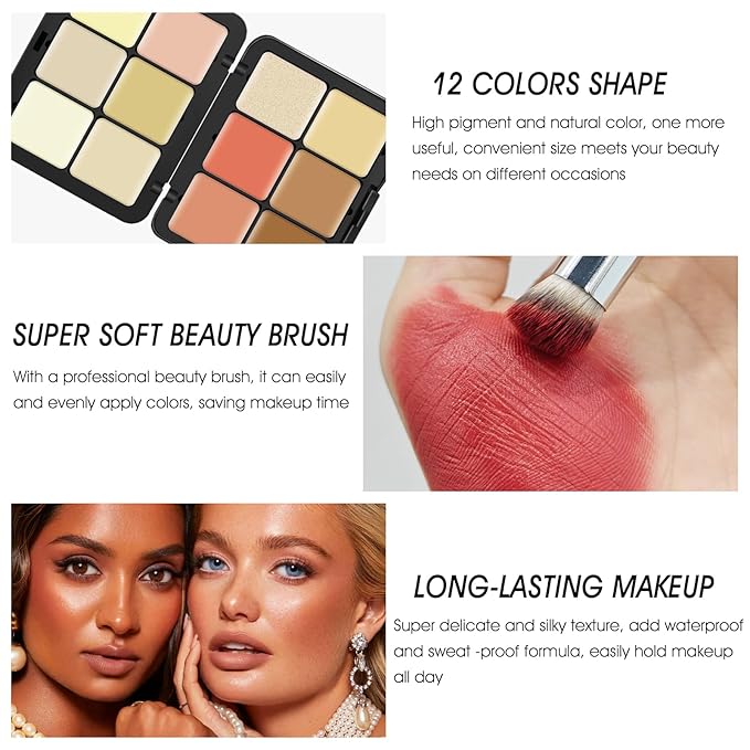 12 Colors Cream [Blush+Contour+Concealer+Highlighter] Makeup Palette for Cheeks - Multi-functional Makeup Palette with Brush, Natural Matte Long Wearing, Waterproof Face Makeup Palette (#04)