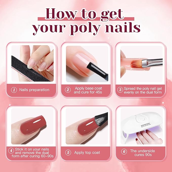 JEWHITENY 14 PCS Poly Nail Gel Kit Poly Extension Gel Kit Starter Kit With Slip Solution Professional Extension Set With LED Lamp Nail Art Design Beginner All In One