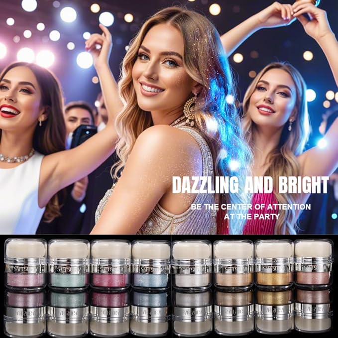 Glitter Body Highlighter Powder Body Shimmer Sparkle Face Brightening Highlighter Powder for Face Eyes Body Glow Makeup With sponge head（03#）