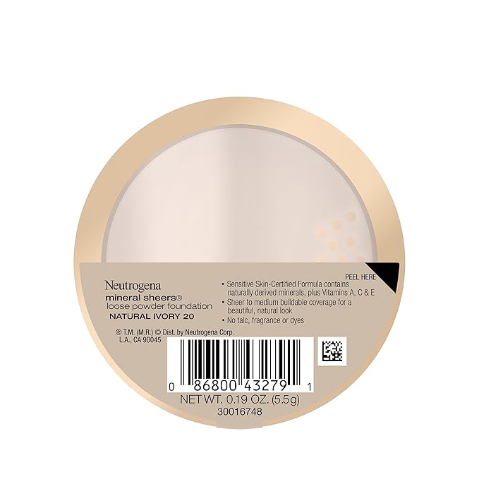 Neutrogena Mineral Sheers Lightweight Loose Powder Makeup Foundation with Vitamins A, C, & E, Sheer to Medium Buildable Coverage, Skin Tone Enhancer, Face Redness Reducer, Natural Ivory 20,.19 oz