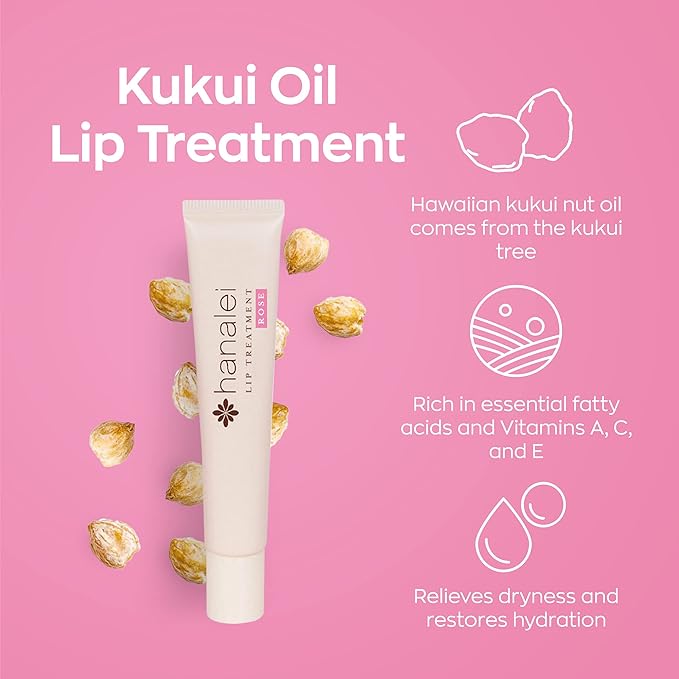 Hanalei Lip Treatment for Dry, Chapped Lips – Intensive Overnight Moisturizer with Kukui Oil, Shea Butter & Grapeseed Oil – Hydrating Balm for Healing Cracks – Rose Pink Tint, 15g – Cruelty-Free