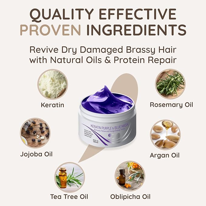 VITAMINS hair cosmetics Keratin Purple Hair Mask - Violet Blue Protein Deep Conditioner Treatment - Toner for Blonde Platinum Silver Gray Ash or Brown Colored Dry and Damaged Brassy Hair