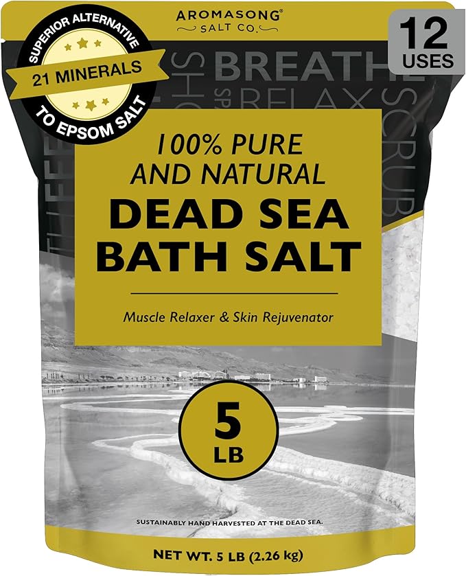 Aromasong Dead Sea Bath Salt - 100% Pure & Natural Dead Sea Salts for Soaking Fine Grain 5 LB - Bulk Resealable Pack (Packaging May Vary) Used for Body wash Scrub - Soak for Women & Men.