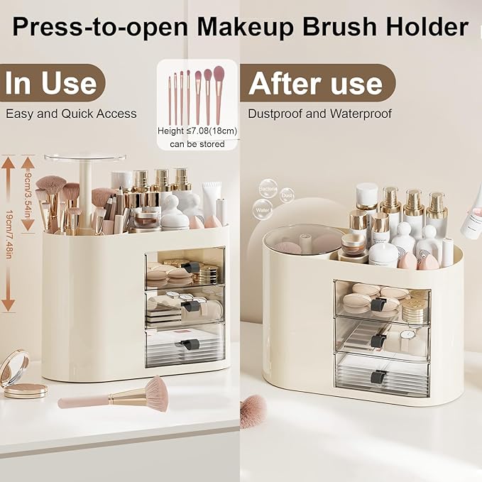 DASITON Makeup Organizer with 3 Drawers,Automatic Lifting Makeup Brush Holder with Lid,Large Capacity Makeup Organizers for Vanity,Bathroom Countertop,Ideal Storage Skin Care,Brushes,Lipstick (Cream)
