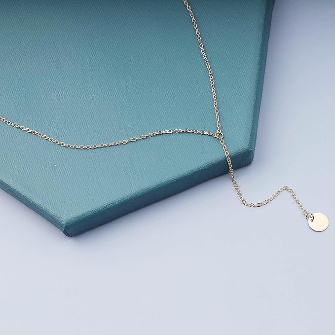 Boho Coin Disc Necklace Gold Long Y Lariat Necklace Disc Y Drop Necklace Trendy Minimalist Everyday Necklace Jewelry for Women and Girls