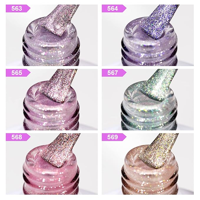 RARJSM Aurora Cat Eye Gel Nail Polish Set 6 Colors Velvet Silver Glitter Purple Pink Green Champagne Galaxy Star Cloud Ice Gel Polish with Magnet Stick UV LED Curing Requires Soak Off Home Salon