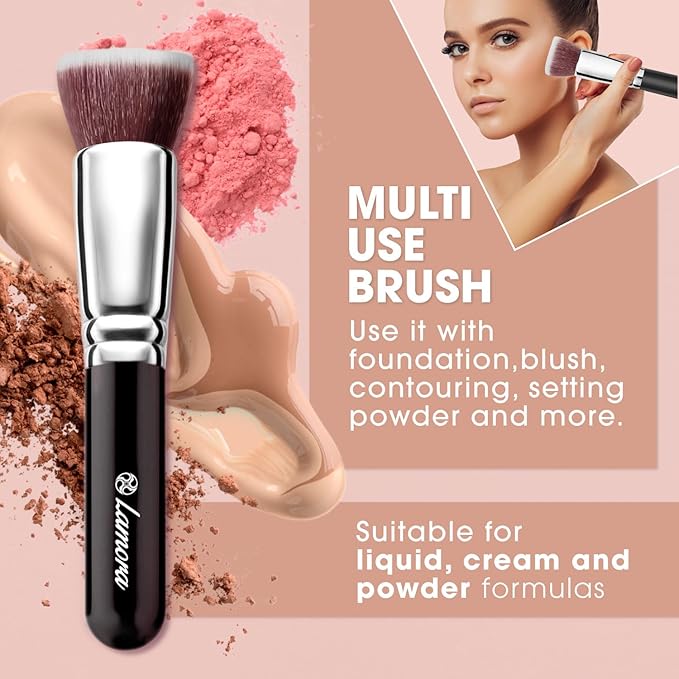 LAMORA Foundation Brush for Liquid Makeup - Kabuki Face Brush for Cream, Powder, Blush, and Concealer - Flat Top Blending, Buffing, Stippling Brush