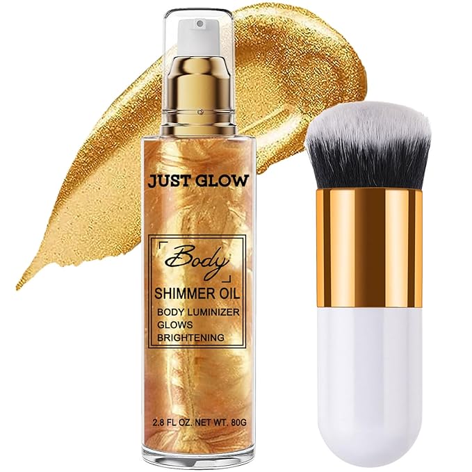 Shimmer Body Oil, Face and Body Liquid Luminizer Waterproof Moisturizing, Light Shimmer Glow Illuminator, Smooth Body Highlighter Makeup Liquid Body Shimmer (2# Gold)