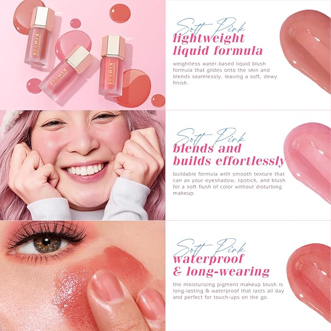 KIMUSE Soft Pink Gel-Cream Blush Trio, Liquid Blush for Cheeks, Weightless, Long-Wearing, Smudge Proof, Natural-Looking, Dewy Finish, Skin Tint Blush Makeup, 0.42 Fl Oz (love pink)