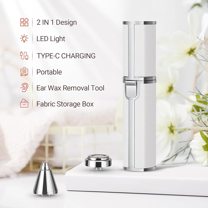 Nose Hair Trimmer for Women Men, Electric 2 in 1 Face Shaver and Eyebrow Trimmer, White Rechargeable Facial Hair Remover with Built-in LED Light