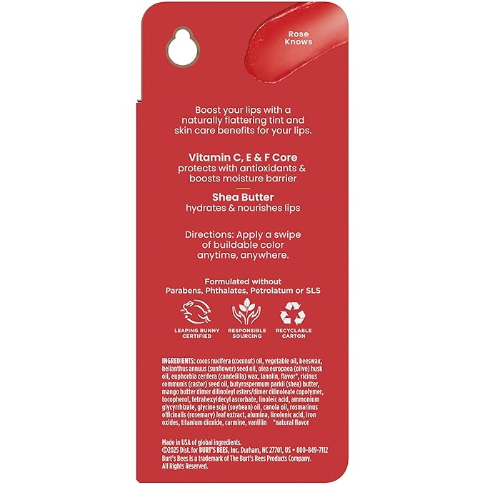 Burt’s Bees Back To School Dorm Essentials, Tinted Boosted Balm, Rose Knows, Hydrating Tinted Lip Balm with Vitamin C, E, and F Core, 24 Hour Lip Moisturizer, 100% Natural Origin, 1 Count, 0.16oz