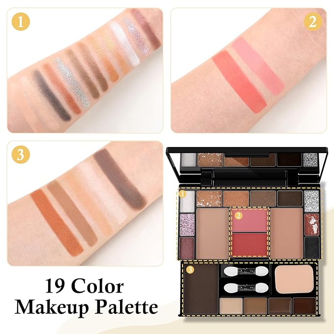 Makeup Palette Set, Makeup Kit for Women, 19 Color Makeup Set Include Matte Glitter Eyeshadow, Contour, Highlighter, Concealer, Eyebrow Powder, Blush, Mirror, Makeup Brush, Sponge