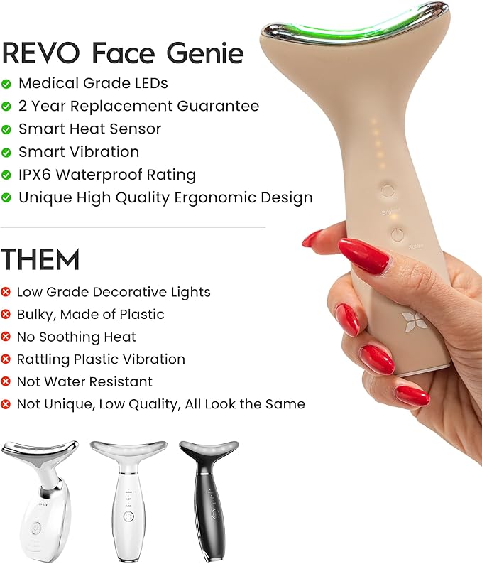 REVO Genie | Face & Neck Beauty Massager with Ultra Powerful LEDs for Wrinkles, Fine Lines, Puffy Skin, Uneven Skin Tone, Lymphatic Drainage, Lifting & Firming Facial Sculpting Tool with Light Therapy