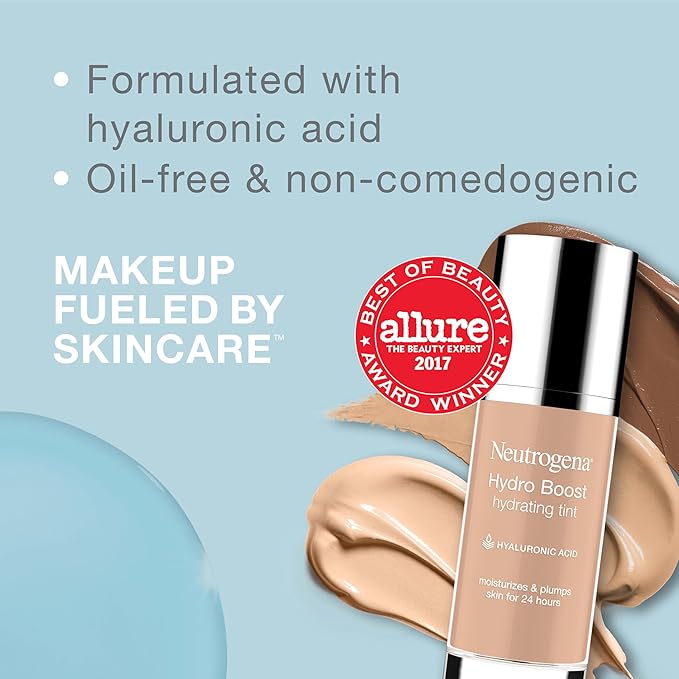 Neutrogena Hydro Boost Hydrating Tint Foundation Makeup for Dry Skin, with Hyaluronic Acid, Lightweight Oil-Free Water Gel, Non-Comedogenic, 20 Natural Ivory, 1.0 fl. oz