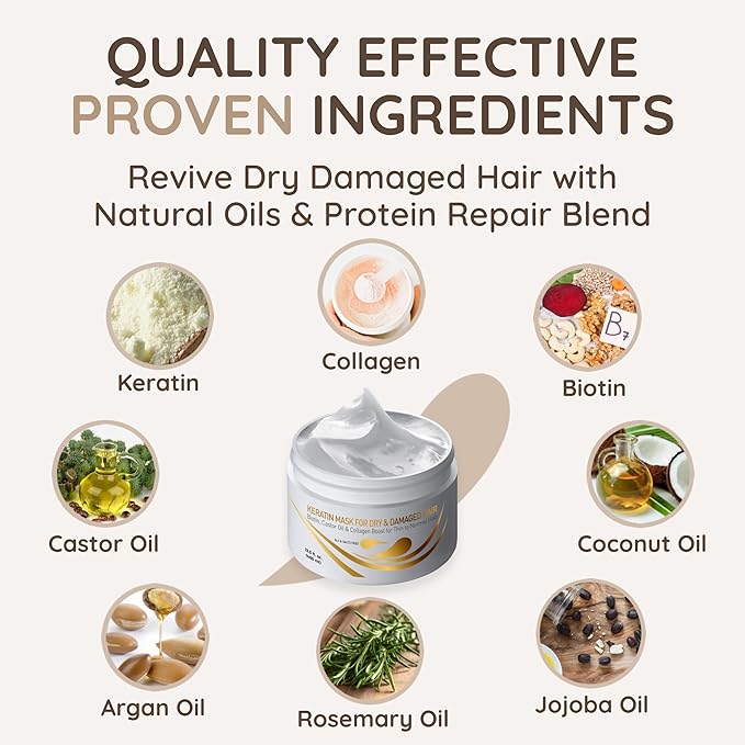 VITAMINS hair cosmetics Keratin Hair Mask - Deep Repair Conditioner with Biotin & Castor Oil - For Damaged, Dry, Curly, Straight, Thin & Fine Hair - Intense Collagen Protein Treatment