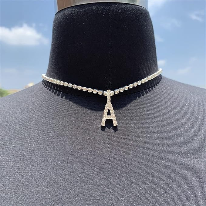 Silver Choker Necklace Rhinestones Shinning Letter M Fashion Letter A Sparkly Letter S Jewelry for Women Girls