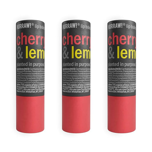 Hurraw! Cherry & Lemon Lip Balm, 3 Pack: Plastic-Free with new cardboard push-up tube. Certified Organic, All Natural Origin, Vegan & Cruelty Free. Gluten Free. Bee, Shea, Soy & Palm Free. Made in USA