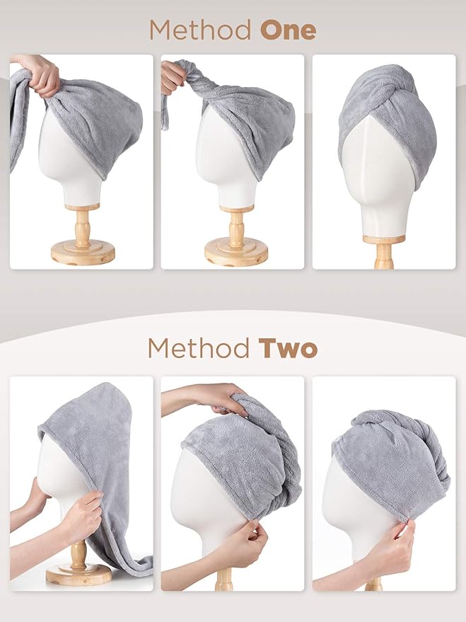 Hicober Microfiber Hair Towel, 3 Packs Hair Turbans for Wet Hair, Drying Hair Wrap Towels for Curly Hair Women Anti Frizz (Grey,Blue,Grey)