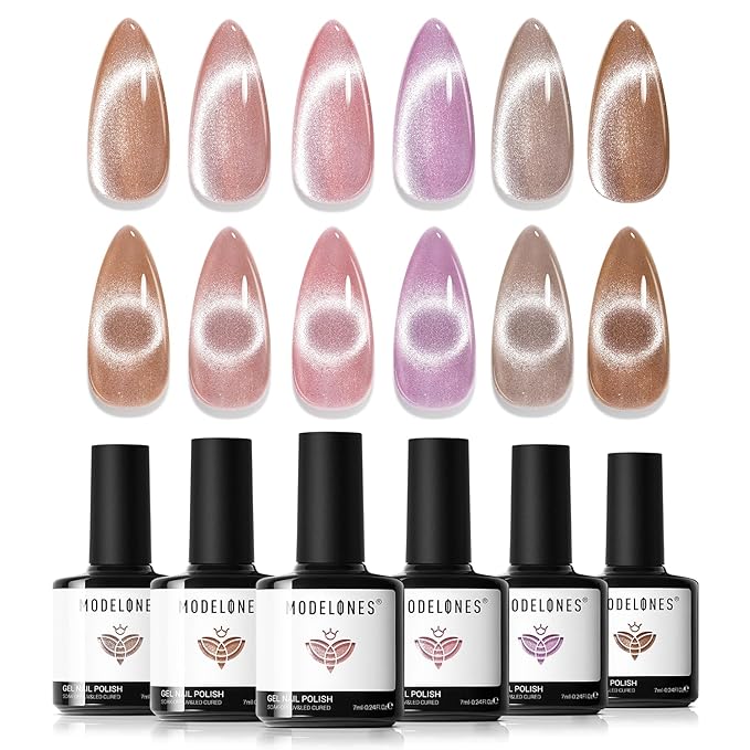 modelones Cat Eye Gel Nail Polish 6 Colors Nude Pink Brown Purple Cat Eye Nail Polish Glitter Semi-transparent Holographic 9D With Magnet Pastel All Seasons Soak Off Led Nail Art DIY Salon Gifts