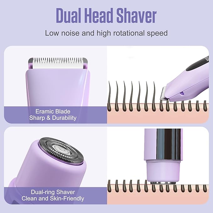 2 in 1 Bikini Trimmer for Women Dual Head Electric Shaver with LED Display,IPX7 Waterproof Wet & Dry, Painless Shaver for Underarm Leg Arm Body Face Private Area Purple