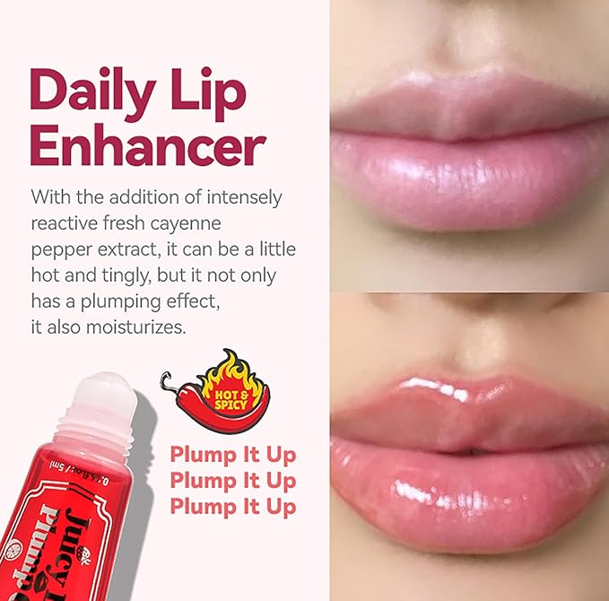 Lip Plumper Gloss 3 Colors Set, Spicy Natural Roll On Lip Plumping Oil and Pout Lip Plumper, Lifter Gloss, Enhancer for Fuller Booster Balm Moisturizing Hydrating & Nourishing Lip Glaze(A)