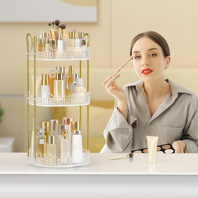 Rotating Makeup Organizer for Vanity 3 Tier, Perfume Organizer with Makeup Brush Holder, Large Capacity Cosmetics Clear Skincare Organizer for Countertop (Transparent)