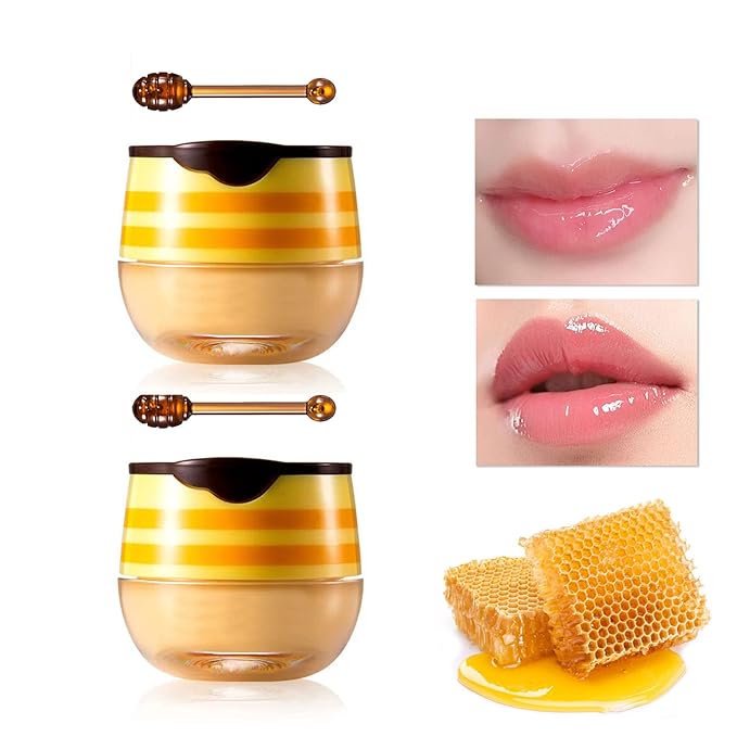 2Pcs Honey Pot Bee Lip Balm with Honey Spoon,Honey Lip Sleeping Mask Overnight 24HR Repair Lip Reduces Lip Lines,Exfoliator Moisturizing Moisture Dry & Chapped Lip Care Products