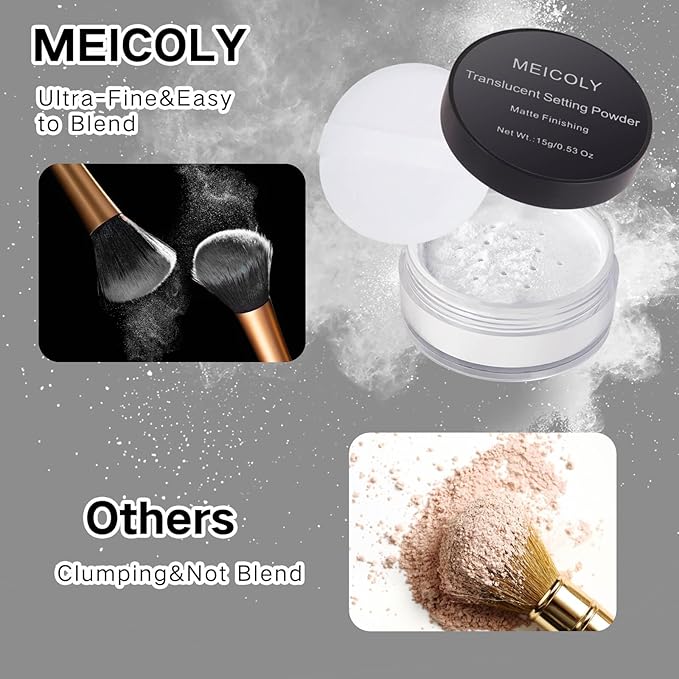 MEICOLY Talc-Free Setting Powder with Sifter,Long Lasting Loose Face Powder,Translucent Powder Colorset Powder,Matte Finishing White Face Paint Setting Powder for Halloween SFX Makeup,Oil Control