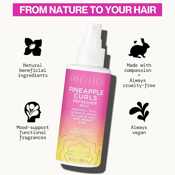 Pacifica Pineapple Curls Refresher Mist Frizz Control Spray & Curly Hair Enhancing -w/Hyaluronic Acid Vitamin B5 & Natural Plant Oils Revitalizes Curls - Vegan Cruelty Free Dermatologist Tested