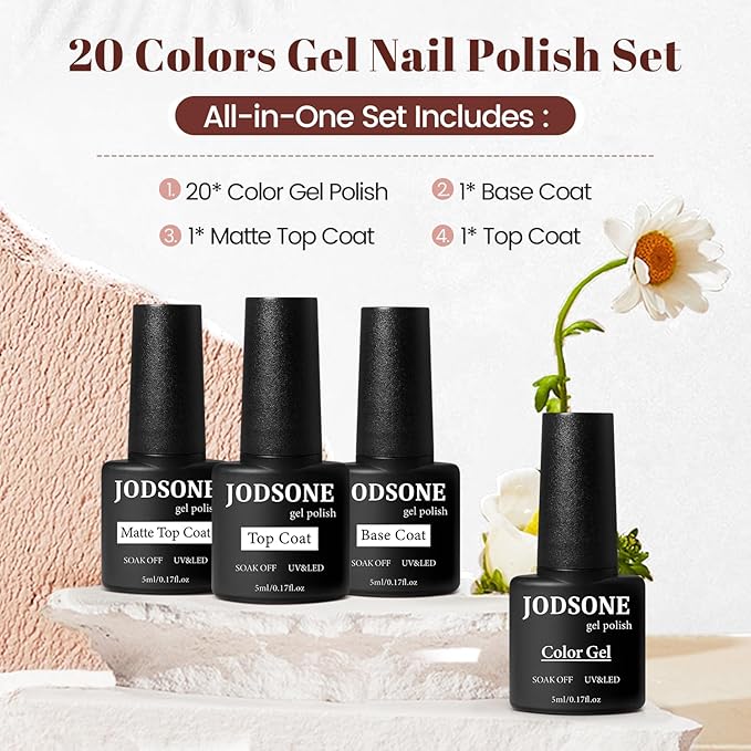 JODSONE 23 PCS Gel Nail Polish Set with Base Glossy and Matte Top Coat Multicolored Gel Nail Long Lasting Suitable for All Seasons