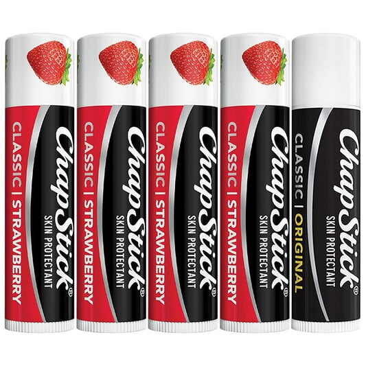 ChapStick Strawberry Lip Balm 4-Pack + 1 Classic Original ChapStick, Lip Moisturizer, 0.15 Oz Ea (5 Piece Set)