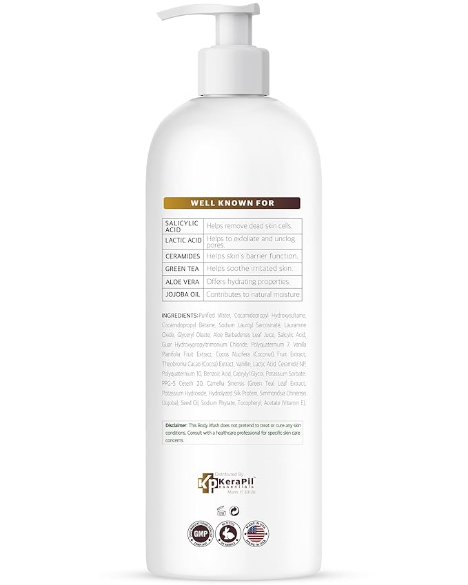 Exfoliating Body Wash with Salicylic Acid - No Dry Out, Gentle Exfoliates Rough and Bumpy Skin, Body Acne Wash, BHA & AHA - Coconut and Vanilla with Salicylic Acid - (16 fl oz)
