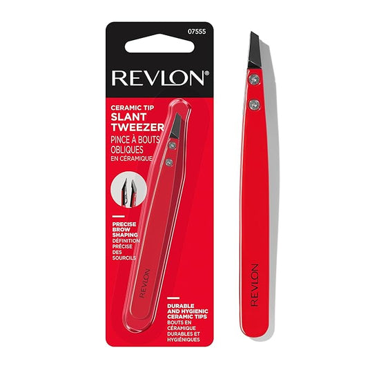Revlon Ceramic Slanted Tip Tweezers, Precision For Eyebrow Shaping and Fine Hair Removal, Stainless Steel Body, Red, 1 Count